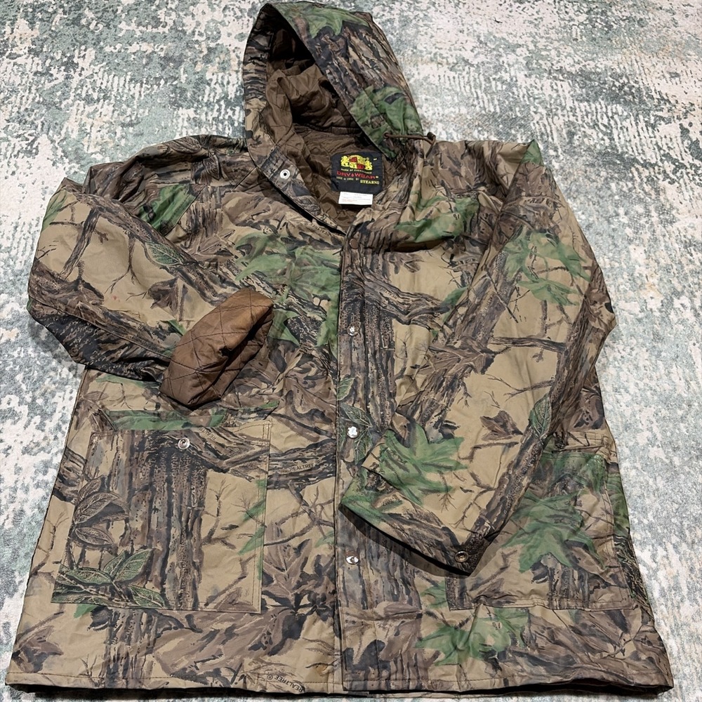 VTG Stearns Dry Wear Camo Rain Jacket Mens Medium Insulated Waterproof PVC Coat